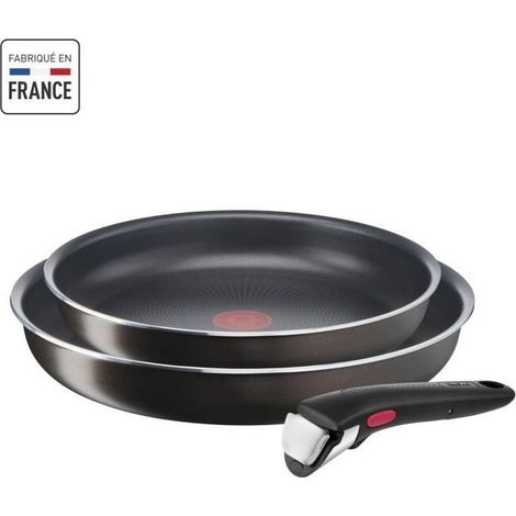 Tefal – Lot de 2 poêles 24/28 cm en aluminium noir – Revêtement antiadhésif Titanium – Compatible tous feux sauf induction – Poignée amovible