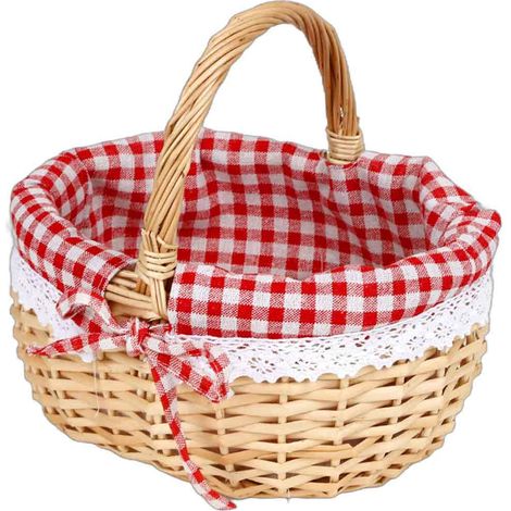 1 Panier en osier tissé à la main, tissu lin à carreaux rouges, rangement fruits pains clés, usage pique-nique maison (1/5)