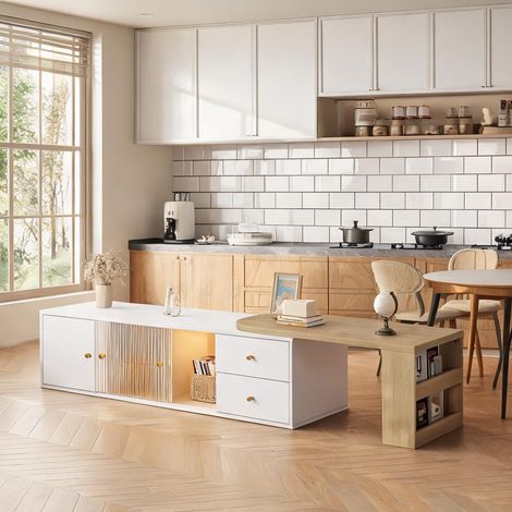 Meuble TV bas extensible avec éclairage LED 2 tiroirs porte (1/5)