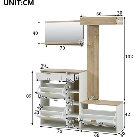 Ensemble porte-manteaux 4 pièces 130 x 30 x 174 cm: chaussures, établi, miroir, armoire. Mobilier pour couloir et entrée