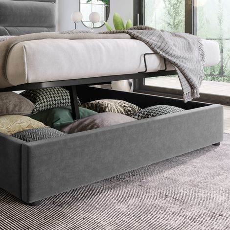 Lit double hydraulique 140x200 cm, tête relevable, sommier métallique, revêtement en velours gris, structure moderne avec coffre de rangement, matelas inclus. (1/5)