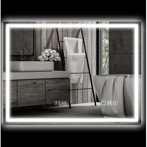 Miroir LED de salle de bain 80 x 60 cm avec Bluetooth, horloge, anti-buée DESVIAE (1/5)