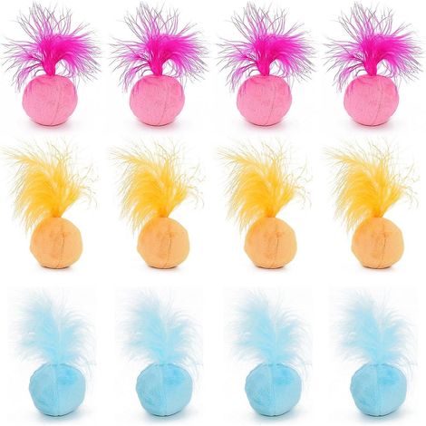 Set de 12 juguetes para gatos, pelota de terciopelo con pluma y hierba gatera, 5 cm, paquete económico para juego interactivo. (1/5)