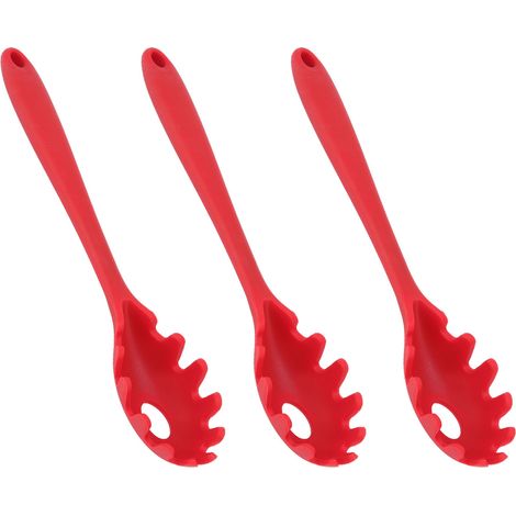 Set aus 3 roten Silikon-Spaghettilöffeln, antihaftbeschichtete Küchenutensilien für Nudeln und Pasta, mit integriertem Sieb (1/5)