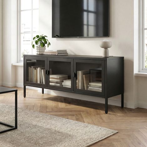 Mueble para TV industrial de metal EZRA, 130 cm, 3 puertas, negro y cristal templado. (1/5)