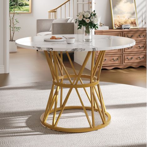 Table à manger ronde MDF imitation marbre et métal doré Ø100x76 cm (1/5)