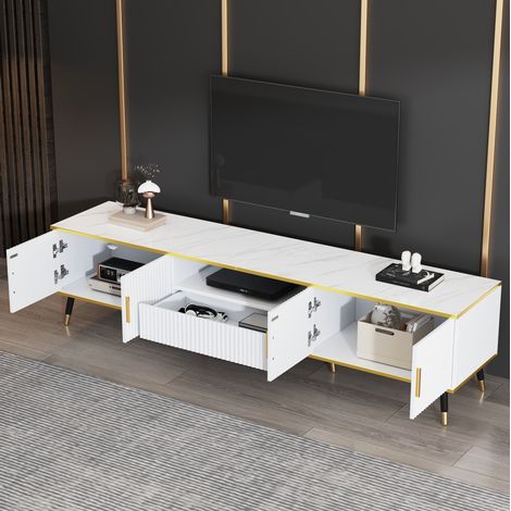 Mueble TV moderno (200x40x46 cm), con espacio de almacenamiento, gestión de cables, aspecto mármol, tablero de partículas, blanco (1/5)