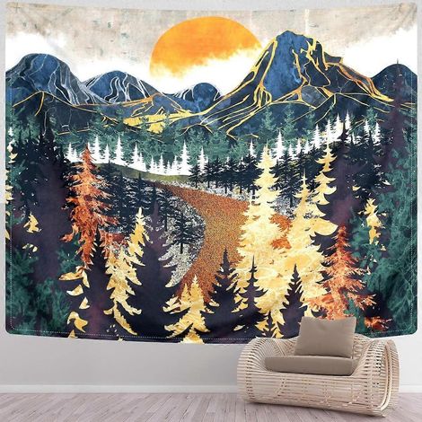 Tapisserie murale de montagne, forêt, arbres, coucher de soleil, route dans un paysage naturel, décoration intérieure pour chambre (51,2 x 59,1 pouces) (1/5)