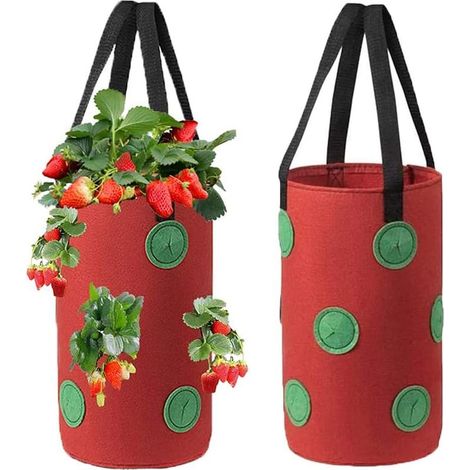 Erdbeer-Pflanzsäcke, Hängende Erdbeer-Pflanzsäcke für den Garten mit 13 Löchern, Pflanzsäcke für Erdbeeren, Kräuter, Tomaten - 3 Gallonen (2 Stück - Rot) (1/5)
