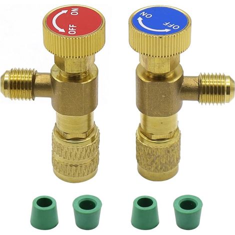 2 Pièces - Soupape de Sécurité - Adaptateur de Valve - Pour R22 et R410A - Laiton Robuste - Outils de Réparation Climatiseur - Laiton et Bleu/Rouge - 1/4 pouce (1/5)