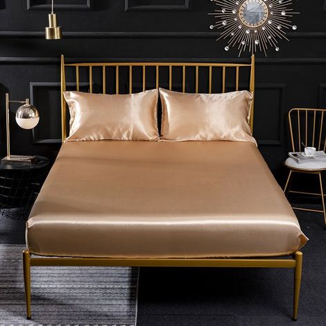 Drap-housse 1 pièce en imitation soie, satin infroissable, taille Queen 180 x 200 + 35 cm, couleur camel (1/4)