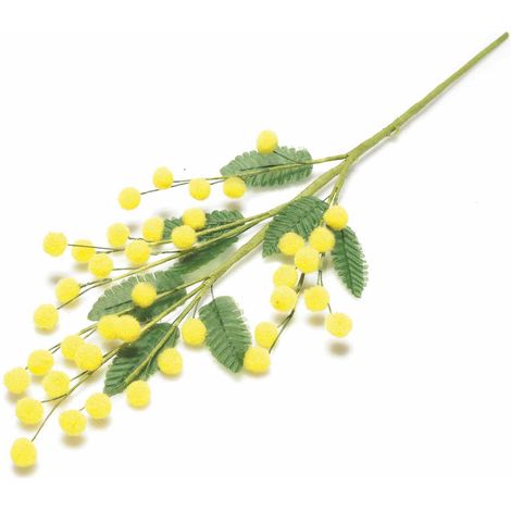 Rametto di mimosa artificiale con fiori floccati ad effetto realistico, set da 10 pezzi, cm 21 H (con gambo 35)