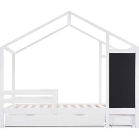 Cama cabaña infantil 90 x 200 cm con pizarra, 2 cajones, barreras y somier, blanco (1/5)