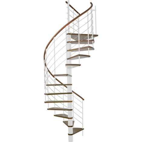 Minka Spindeltreppe Venezia Buche auf Walnuss lackiert mit Massivholzhandlauf und UK in weiß Ø160cm bis 305,5cm Geschosshöhe (1/5)
