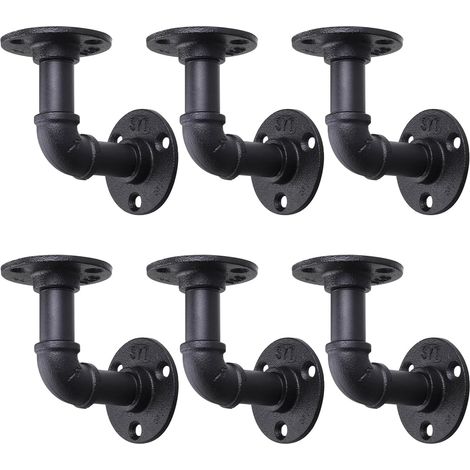 Lot de 6 Supports d’Étagères Industriels en Tuyau – Équerres Murales Noires avec Vis, Équerres Métalliques Robustes pour Étagères Flottantes en Bois, Style Vintage – 10×10 cm (1/5)