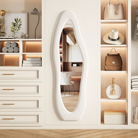 Miroir au sol design ondulé, 160×50 cm, cadre bouclette blanc, miroir pleine longueur mural ou sur pied (1/5)