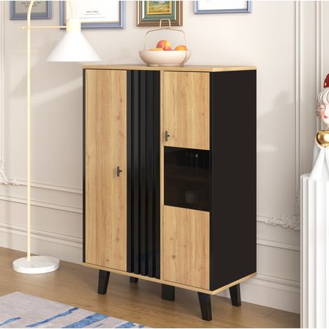 Aparadores 80x40x120 cm con iluminación LED, 2 puertas, acabados estratificados, de madera, negro y natural (1/5)