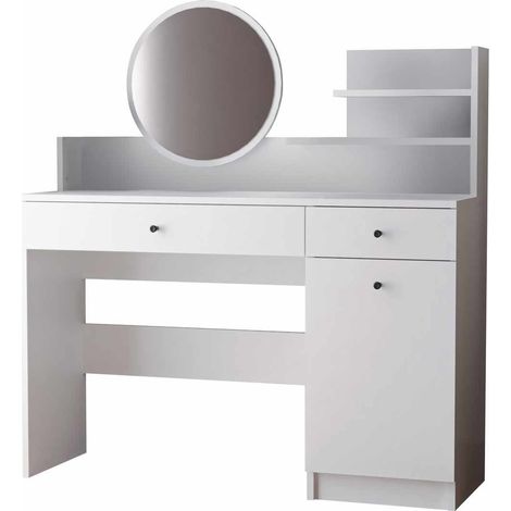 Schminktisch mit rundem Spiegel aus Holz "Harmony Round" - 124 x 40 x 135 cm - Weiß
