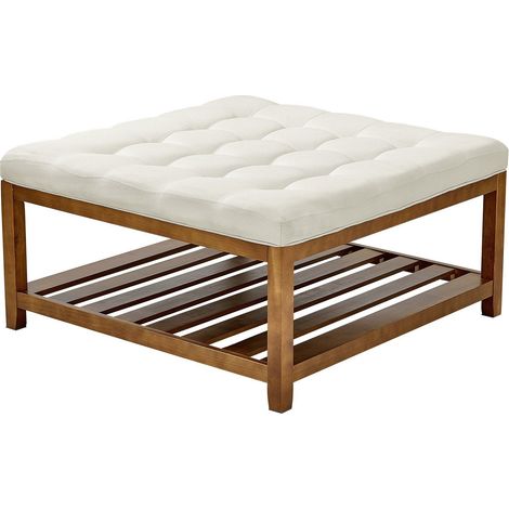 Table basse carrée ottomane 87,5 cm capitonnée avec étagère en bois massif et repose-pieds lin blanc cassé, supporte 181 kg. (1/5)