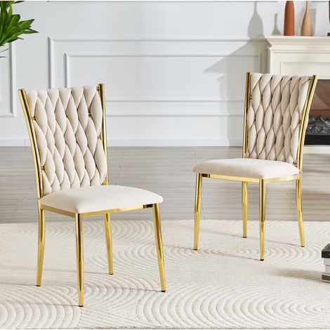 Silla de comedor de terciopelo beige con respaldo trenzado, patas de metal dorado y asiento acolchado (1/5)