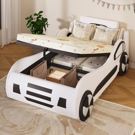 Lit plat, 90 x 200 cm, à sommier à lattes (sans matelas), lit voiture, lit enfant, avec suspension hydraulique, blanc (1/5)