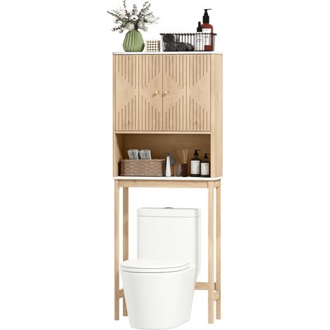 Meuble WC dessus de toilette meuble toilettes WC rangement avec placard à double porte étagères  66 x 25 x 168 cm, chêne