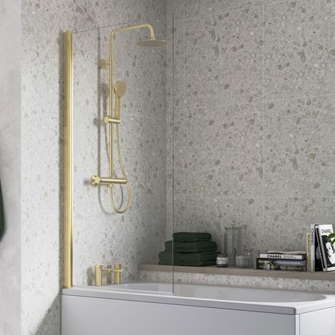 Signature Brushed Brass Profile Single Straight Square Bath Screen 1500mm H x 800mm W - 6mm Glass (1/5)