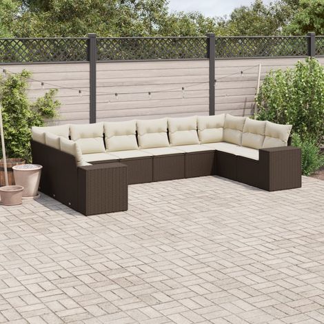 Ensemble Salon Jardin 10 Places Tressé Résine Marron avec 10 Coussins Crème (1/3)
