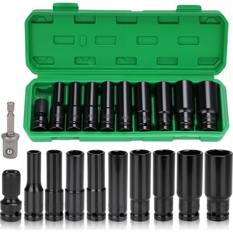 11 pièces Jeu de Douilles à Choc, douille longue avec Adaptateur 10/12/13/14/16/17/19/22/24 mm douille 6 pans, a épaissi, CR-V jeu de clés hexagonales intérieures (1/5)