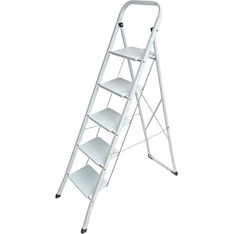 Dema – Escabeau en acier 5 marches pliable blanc – Hauteur 118 cm – Charge max 150 kg – Pieds antidérapants en caoutchouc – Dimensions ouvert 46 x 105 x 152 cm