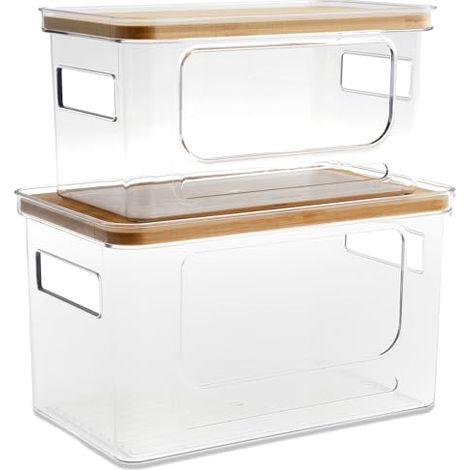 Lot de 2 distributeurs de sacs poubelle transparents avec couvercle et poignées des deux côtés - Empilables - Pour cuisine, buanderi (1/4)
