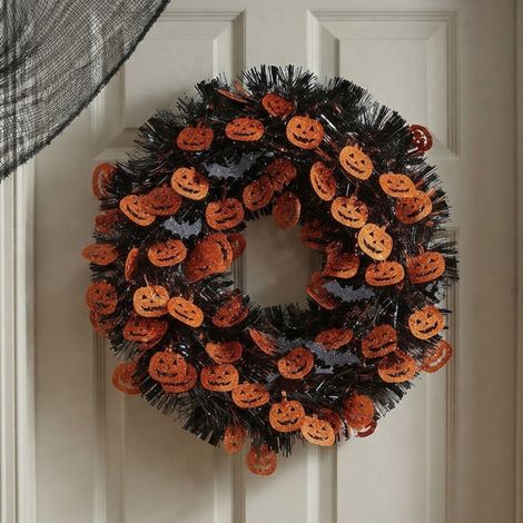Sparkling Pumpkin Bat Halloween Tinsel Wreath (1/3)