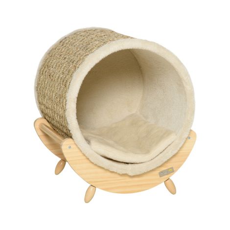 Grotte pour chat avec étagère, panier, griffoir, bois de pin, flanelle, kaki, naturel et beige, 41 x 38 x 43 cm