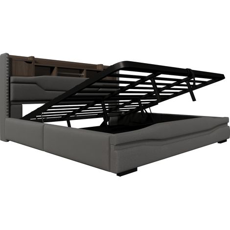 Letto contenitore imbottito 180 x 200 cm in lino grigio con LED, USB e contenitore idraulico (1/5)