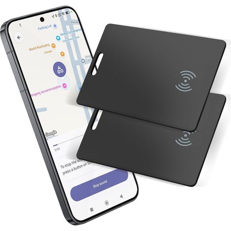 Lot de 2 trackers portefeuille Android – Carte de suivi ultra fine 1,8 mm Android avec chargement sans fil, compatible avec Google Find My Device, IP68 étanche pour portefeuille et bagages (1/5)