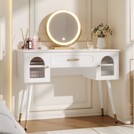 Toeletta LED con specchio, 1 cassetto, 2 ante, bianca e dorata HAVRYA (1/5)