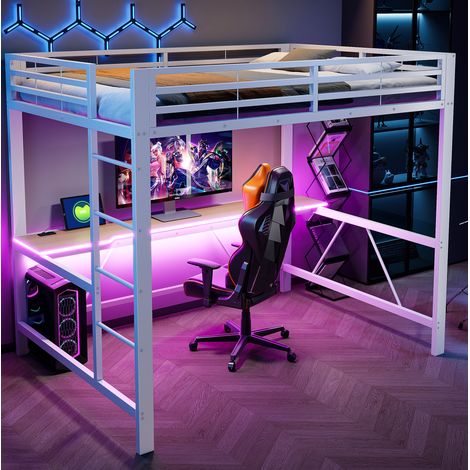 Hochbett 140x200 cm weiß aus MDF und Metall mit Schreibtisch, LED-Beleuchtung und Sicherheitsgitter (1/5)