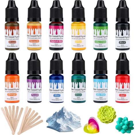 Colorant Plâtre pour Moulage, 12 couleurs Pigment à base d'eau pour poudre de coulée, béton, plâtre, peinture liquide, ciment, moulage de résine bricolage artisanat, 10 ml Chacun (1/5)