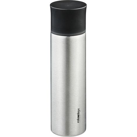 Relaxdays Stainless Steel Drinks Bottle, 750 ml, Leakproof, Cold & Hot Beverages, Vacuum Insulated, with Cup, Silver