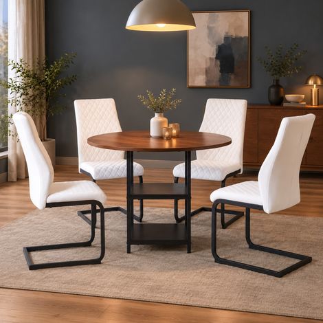 Runder Esstisch 107 cm mit 4 weißen Stühlen, MDF und Metall, Industrial-Stil (1/5)