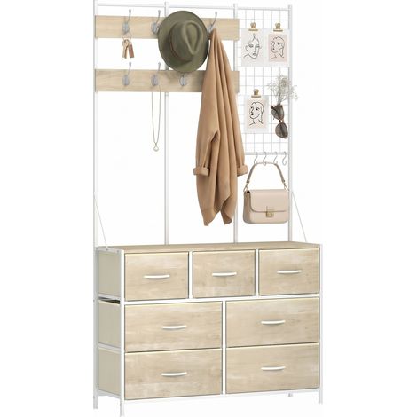 Porte-manteau - HOMCOM - 4 en 1 - 7 tiroirs pliables en tissu, 14 crochets, panneau grillagé - bois - 100x30x183cm - chêne (1/5)