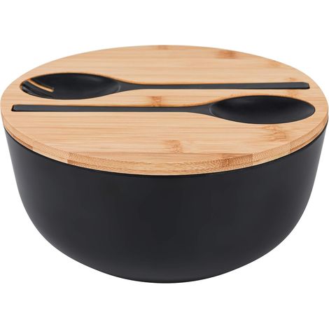 Saladier En Bambou - 25 Cm Avec Couvercle Et Couverts En Bambou Pour Salades Fruits Et Décoration - Lot De 1 (1/5)