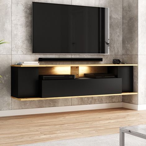 Calicosy – Meuble TV suspendu avec LED – Noir chêne – 160x38,7x35 cm – 2 niches avec portes push-up – MDF mélaminé (1/5)