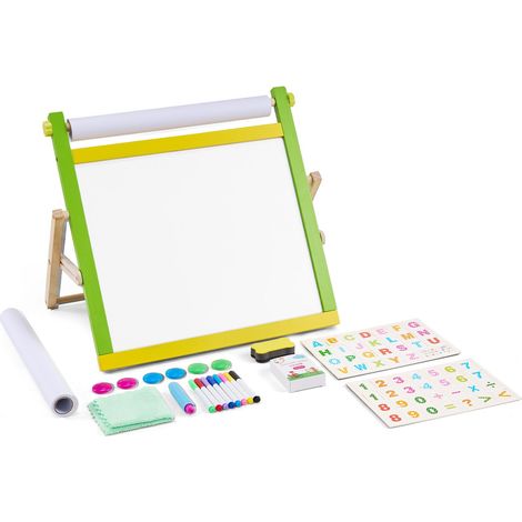 Chevalet d'Art Enfants 3-en-1 Tableau Magnétique Blanc Noir Double Face, Planche à Dessin Bois Portable Pliable avec Accessoires, Support de Rouleau de Papier, pour Créativité, Garçons, Filles (1/5)