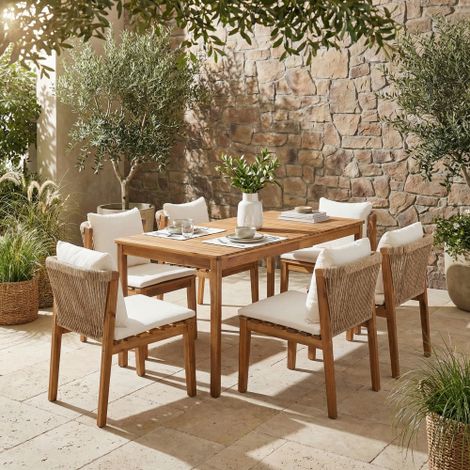 Garten-Essgruppe,Gartenmöbel-Set,Geeignet für 6 Personen, bestehend aus 1 Tisch und 6 Stühlen,Gestell und Tischplatte aus Massivholz, Massivholz + Beige