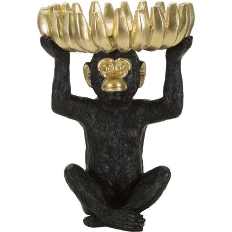 Scultura Scimmia svuotatasche con banane in resina nera e oro