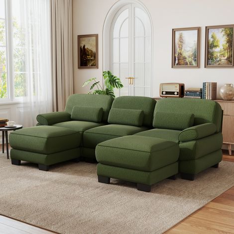 Canapé panoramique modulable 3 places 265 x 161 x 94 cm avec 2 poufs, assise profonde et coussins épais, velours côtelé, vert (1/5)