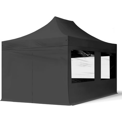 3x4,5 m Faltpavillon, ECONOMY Stahl 30mm, Seitenteile mit Panoramafenstern, schwarz