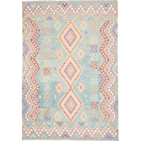 Tapis d'orient 176 x 255 cm, géométrique, bleu multicolore et orange, laine naturelle, fabriqué en Afghanistan (1/5)