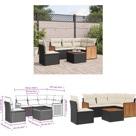 6-tlg. Garten-Sofagarnitur mit Kissen Schwarz Poly Rattan - Gartenmöbel - Esstischgarnitur - Outdoor Möbel - Lounge Set - Rattan Gartenmöbel - Home & Living